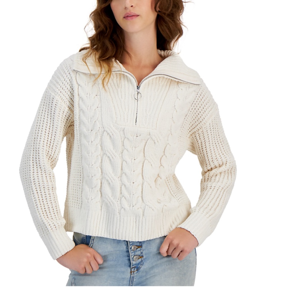 Juniors' Chenille Collared Quarter-Zip Cable-Knit Sweater